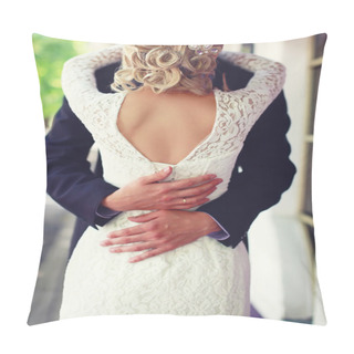 Personality  Wedding Elegant Couple Hugging, View Of Back, Lace Bridal Dress Pillow Covers