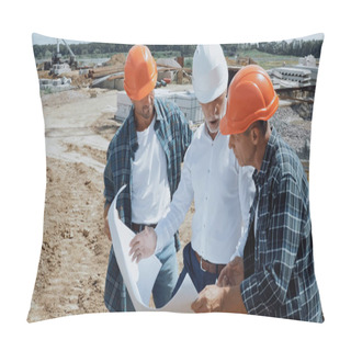Personality  Engineer And Builders Talking And Looking At Blueprint On Construction Site Pillow Covers