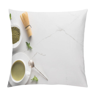 Personality  Top View Of Green Matcha Tea With Whisk On White Table Pillow Covers