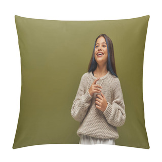 Personality  Happy And Trendy Brunette Preteen Girl With Dyed Strands Of Hair Wearing Modern Knitted Sweater And Looking Away While Standing Isolated On Green, Contemporary Fashion For Preteen Concept Pillow Covers