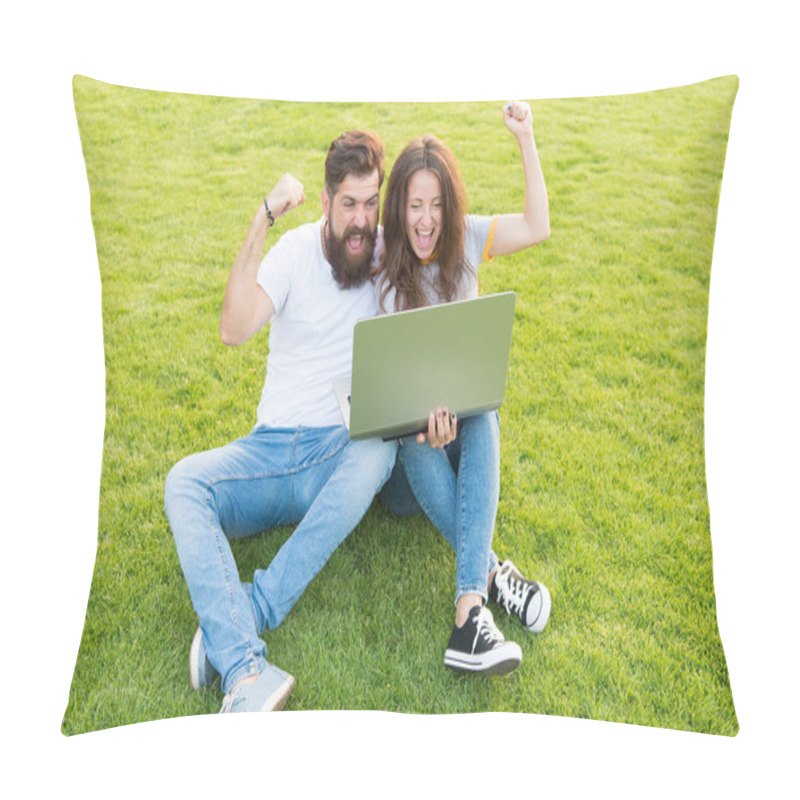 Personality  man and woman surfing internet on notebook. students life. online shopping. communication online. happy couple use laptop on green grass. I love my job. working on computer in park pillow covers