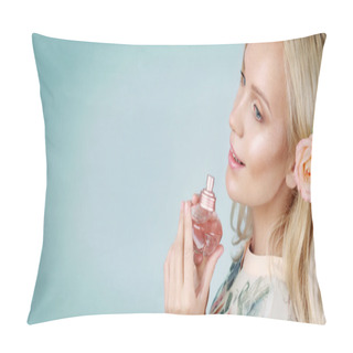 Personality  Sensual Tender Delicate Young Woman Enjoying Her Perfume On Blue Pillow Covers