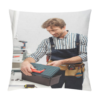 Personality  Selective Focus Of Plumber In Workwear Opening Toolbox Near Tools On Worktop In Kitchen  Pillow Covers