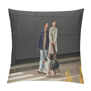 Personality  Cheerful Gay Man In Casual Outfit Holding Leash And Walking Out With Australian Shepherd Dog And Excited Boyfriend With Pigtails Near Crosswalk And Modern Grey Building  Pillow Covers