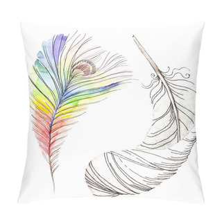 Personality  Colorful Bird Feather From Wing Isolated. Aquarelle Feather For Background, Texture. Watercolor Background Illustration Set. Watercolour Drawing Fashion Aquarelle Isolated. Pillow Covers