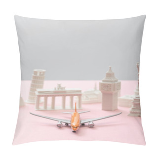 Personality  Selective Focus Of Toy Airplane Near Small Statuettes Of Different Countries On Grey And Pink  Pillow Covers