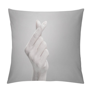 Personality  Cropped View Of Female Hand Painted In White Showing Heart-shaped Sign On Grey  Pillow Covers