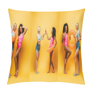 Personality  Collage With Young Interracial Women In Summer Outfit Posing With Inflatable Ring And Cocktails On Yellow, Horizontal Image Pillow Covers