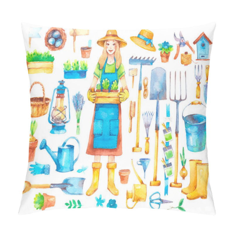 Personality  Beautiful Gardener Girl With Plants And Vintage Garden Tools Set: Green Plants, Flower Pot, Shovel, Basket, Lamp, Gloves, Bird House. Watercolor Collection Isolated On White Background. Pillow Covers