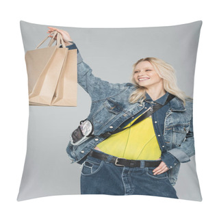 Personality  Pleased Young Woman In Stylish Denim Outfit Holding Shopping Bags And Posing Isolated On Grey  Pillow Covers