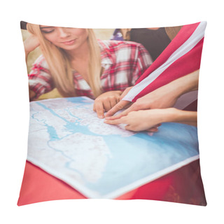 Personality  Cropped Shot Of Group Of Friends Pointing On Place On Map During Car Trip Pillow Covers