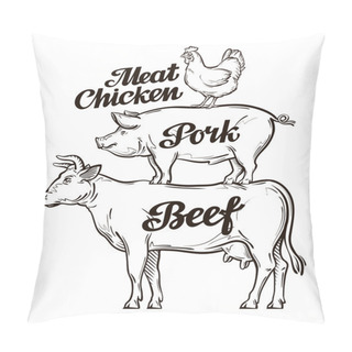 Personality  Farm, Animal Husbandry, Cattle Breeding, Livestock Farming. Beef, Pork And Chicken Meat. Cow, Pig, Rooster Vector Illustration Pillow Covers