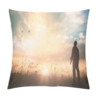 Personality  Worship And Praise Concept: Silhouette Humble Man Standing On Sunlight With Meadow Autumn Sunset Background Pillow Covers
