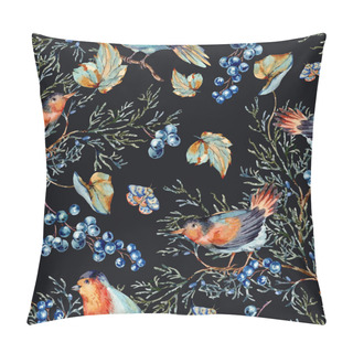 Personality  Watercolor Woodland Seamless Pattern With Birds, Blue Berries, M Pillow Covers