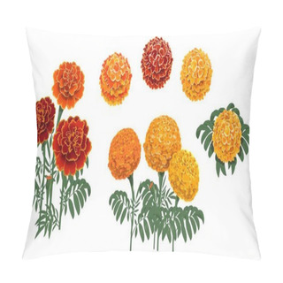 Personality  Marigold Flowers Blossoms, Leaves And Buds. Red And Orange Tagetes Or Cempasuchil Blooming Flowers, Mexican Dia De Los Muertos, Day Of Dead Holiday And Indian Diwali Festival Vector Floral Decorations Pillow Covers
