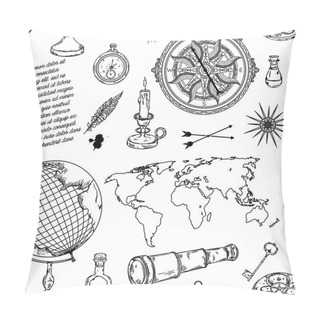 Personality  Seamless Pattern With Globe, Compass, World Map And Wind Rose. Vintage Science Objects Set In Steampunk Style. Vector Illustration Pillow Covers