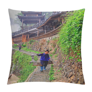 Personality  Chinese Peasant Is Gravity On The Background Of Wooden Pagoda. Pillow Covers