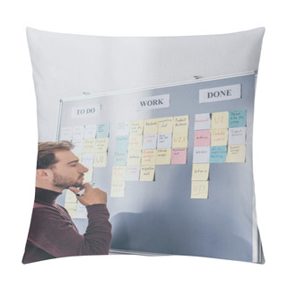 Personality  Side View Of Handsome Scrum Master Thinking Near Board With Sticky Notes And Letters  Pillow Covers