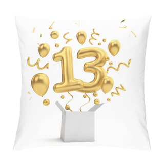 Personality  Happy 13th Birthday Gold Surprise Balloon And Box. 3D Rendering Pillow Covers