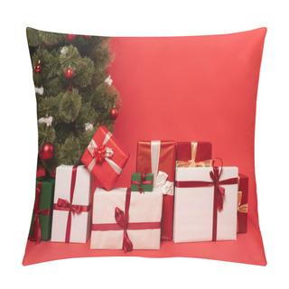Personality  Presents Near Decorated Christmas Tree On Red Background Pillow Covers