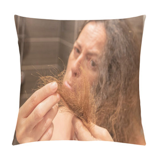 Personality  Sad Woman In Front Of Her Damaged And Forked Hair Pillow Covers