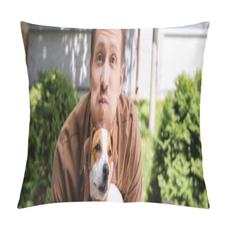 Personality  Horizontal Concept Of Man Holding Jack Russell Terrier Dog, Grimacing And Puffing Out Cheeks Pillow Covers