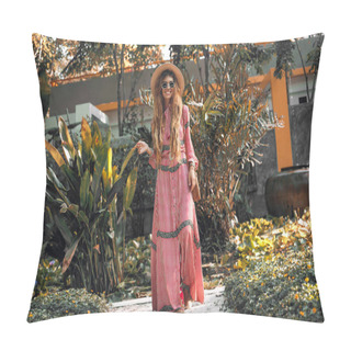 Personality  Cherrful Young Fashionable Woman In Hat Having Fun Outdoors  Pillow Covers