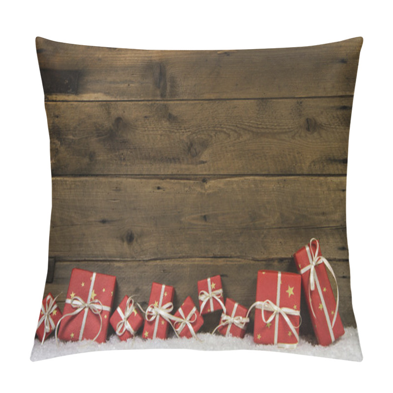 Personality  Wooden Rustic Background With Red Christmas Presents. Pillow Covers