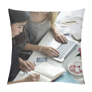 Personality  Two Women Writing In Notebook And Typing On Laptop, Original Photoset Pillow Covers