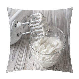 Personality  Woman Whipping Cream Using Electric Hand Mixer On The Gray Rustic Wooden Table  Pillow Covers