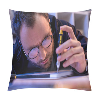 Personality  Caucasian Man Using Screwdriver While Fixing Digital Tablet Pillow Covers