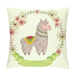 Personality  Lama Animal With Floral Wreath In Watercolor Style. Cartoon Character. Concept Design For Greeting Card, Poster, Invitation, Party. Vintage Vector Illustration. Pillow Covers