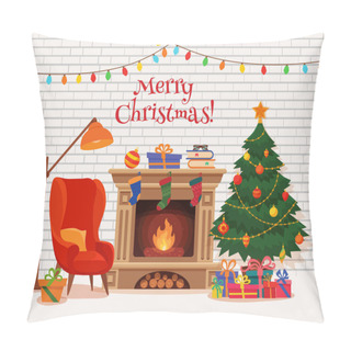 Personality  Christmas Room Interior In Colorful Cartoon Flat Style Pillow Covers