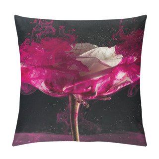 Personality  Beautiful White Rose Flower And Bright Pink Ink On Black   Pillow Covers