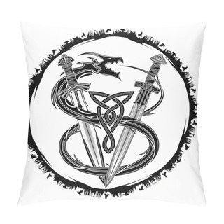 Personality  The Vector Drawing Of Swords Of The Viking And Dragon Biting A Tail. Fantastic Snake. Image Of A Sacred Sign Of Vikings. Triskel. Celtic Sacral Symbol. Trinity. Norman Culture. Vector Illustration. Pillow Covers