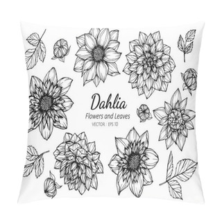 Personality  Collection Set Of Dahlia Flower And Leaves Drawing Illustration. Pillow Covers