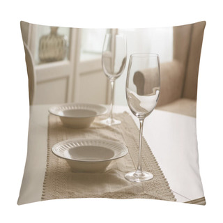 Personality  Wineglasses And White Plates On Table In Dining Room Pillow Covers