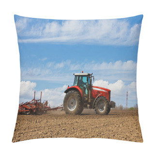 Personality  Farmer Plowing The Field. Cultivating Tractor In The Field. Red Farm Tractor With A Plow In A Farm Field. Tractor And Plow Pillow Covers