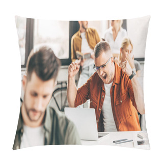 Personality  Successful Businessman Celebrating Victory While Working On Startup At Open Space Office Pillow Covers