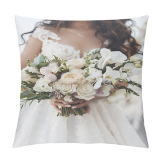 Personality  Vintage Portrait Of Red Bride With Flowers On White Background. Beautiful Girl. Pillow Covers