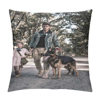 Personality  Man Holding Hands With Kid And Walking With German Shepherd Dog, Post Apocalyptic Concept  Pillow Covers