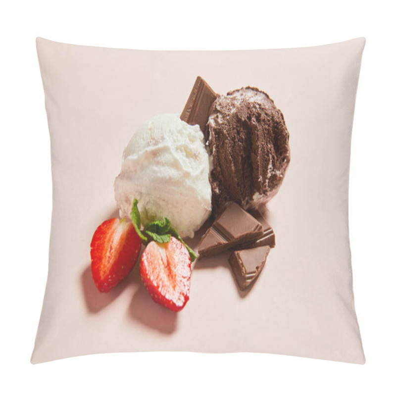 Personality  fresh tasty white and chocolate ice cream balls with mint and strawberry on pink background pillow covers