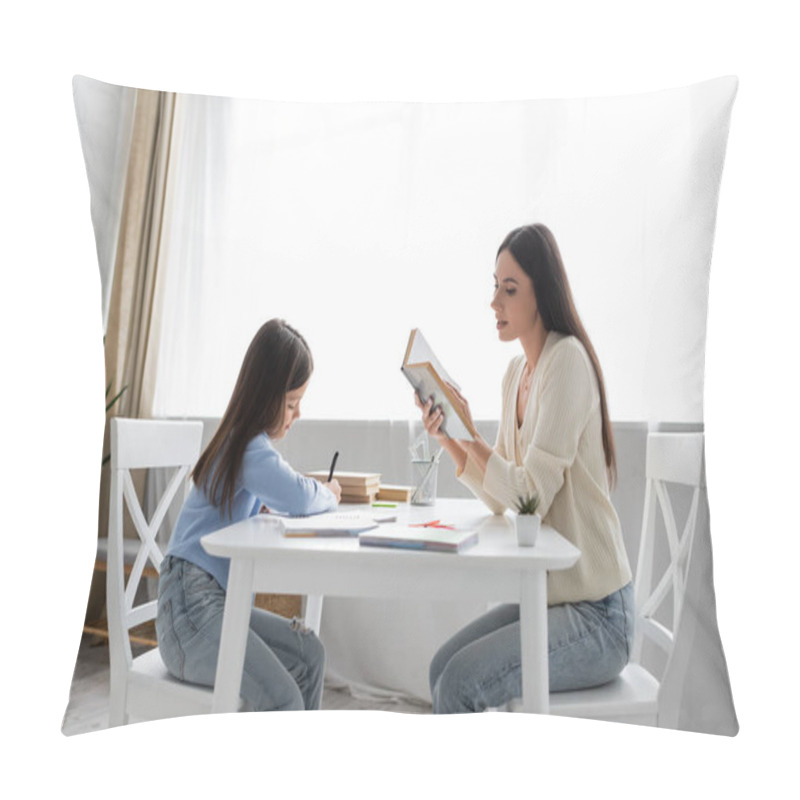 Personality  Side View Of Babysitter Reading Aloud Near Girl Writing Dictation At Home Pillow Covers