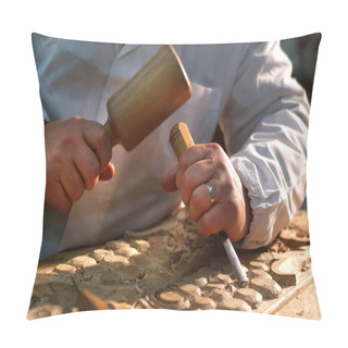 Personality  Craftsman Carves Wood With Chisel. Pillow Covers