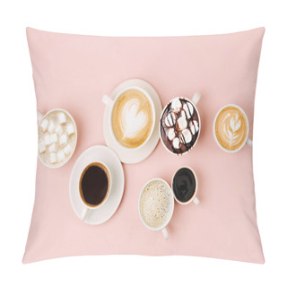 Personality  Various Kinds Of Coffee In Cups Of Different Size On Pale Pink Background.  Coffee  Time Concept.  Flat Lay, Top View Pillow Covers