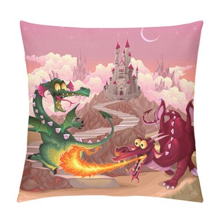 Personality  Funny Dragons In A Fantasy Landscape With Castle Pillow Covers