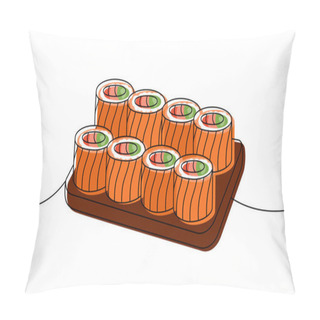 Personality  Philadelphia Sushi Roll Dish One Line Colored Continuous Drawing. Japanese Cuisine, Traditional Food Continuous One Line Illustration. Vector Linear Illustration. Isolated On White Background Pillow Covers