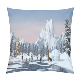 Personality  Penguins In A Snowy Christmas Mountain Landscape, 3d Render Pillow Covers