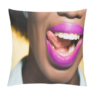 Personality  Cropped View Of African American Young Woman With Purple Lips Showing Tongue Isolated On Yellow  Pillow Covers