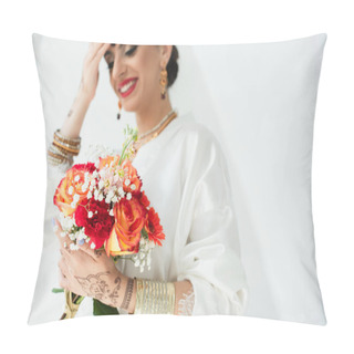 Personality  Young Blurred Indian Bride With Mehndi Smiling While Holding Bouquet Of Flowers On White Pillow Covers
